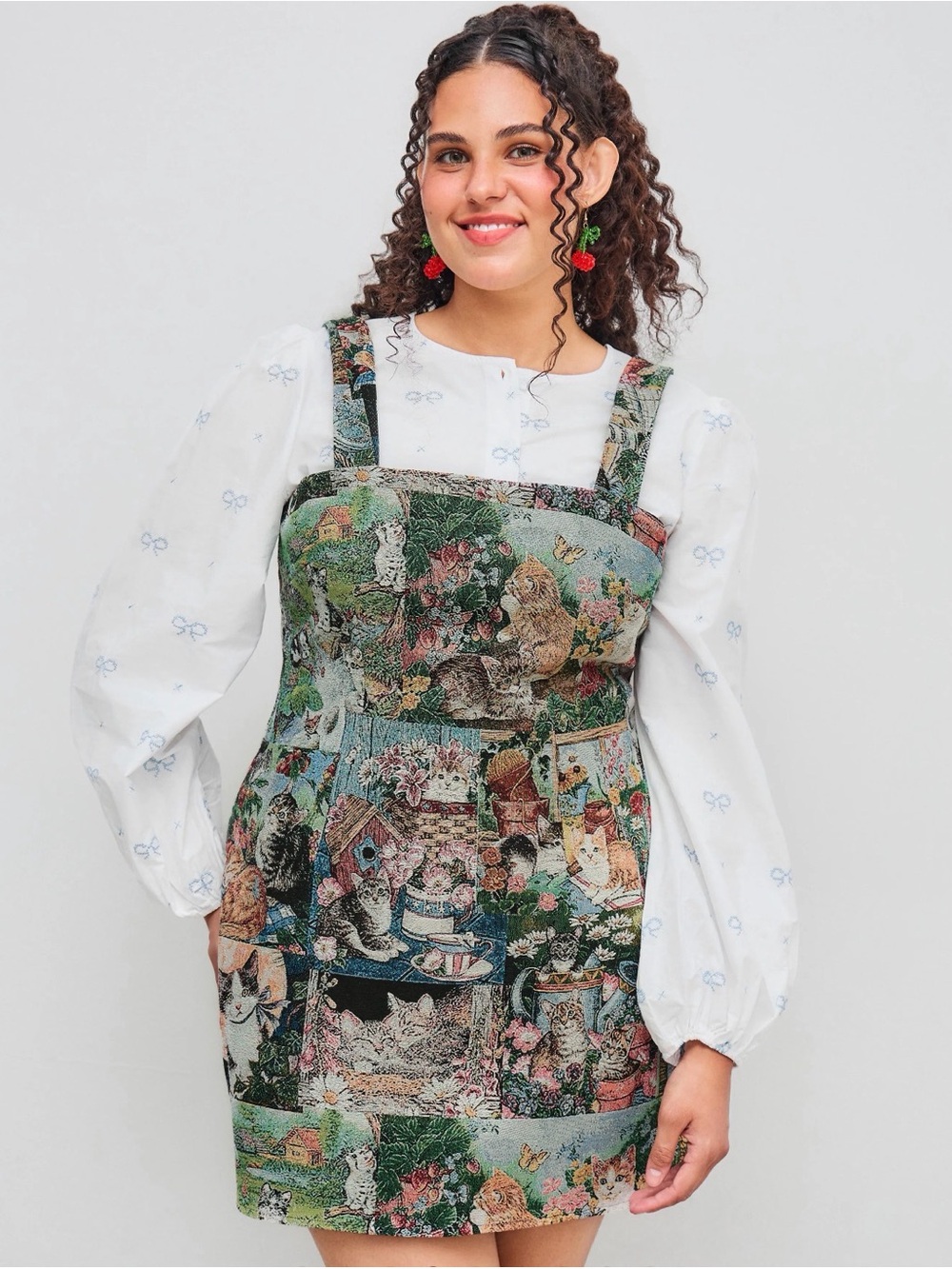 JACQUARD SQUARE NECK KITTY & FLORAL ZIPPER MINI DRESS